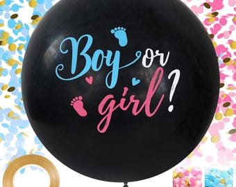 Globos grandes de género: 2 globos negros de 36 pulgadas para niño o niña con confeti rosa y azul para baby shower, revelación de género, decoración de fiesta.