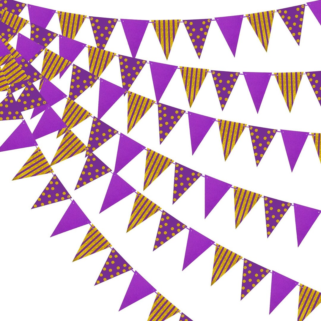 Purple Gold Triangle Banner – 33ft Hanging Glitter Pennant for Party ...