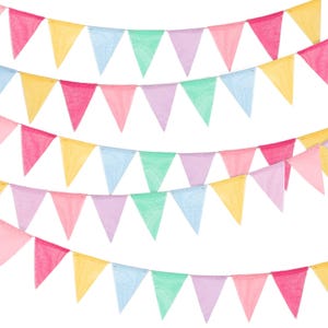 May include: A decorative bunting banner featuring multiple rows of triangular pennants in a repeating pastel color palette of pink, yellow, light blue, mint green, and lavender. Each pennant is attached to a thin string, creating a festive display.
