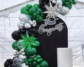 Kit de arco de globos verde esmeralda, globos Starburst plateados, cromados y negros