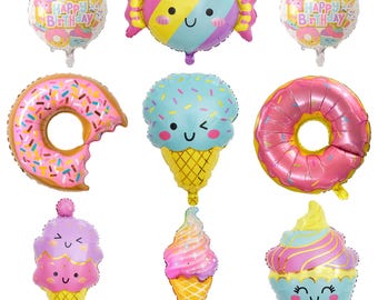 9PCS Donut Ice Cream Foil Balloons Doughnut Mylar Balloons for Birthday, Baby Shower, Wedding & Party Decorations
