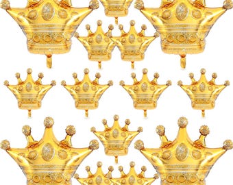 Juego de 14 globos de corona de lámina dorada con 4 coronas gigantes y 10 mini coronas para decoración de fiestas de cumpleaños, bodas y baby showers.
