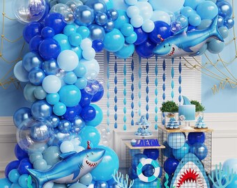 Kit de 153 guirnaldas de globos azules con globos de aluminio de tiburón para niños, suministros para baby shower con temática de animales del océano de la Semana del Tiburón.