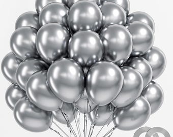 Paquete de 100 globos plateados cromados con cinta para eventos y celebraciones.