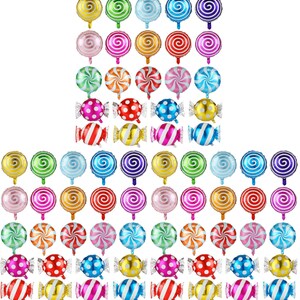 May include: A collection of foil balloons in various shapes and colors, including round swirl patterns in gold, green, blue, purple, pink, and red, alongside candy-shaped balloons with stripes or polka dots in a wide array of vibrant colors.
