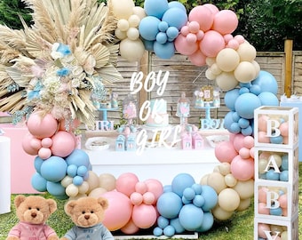 Kit de 176 piezas de decoración para fiesta de revelación de género en rosa y azul con arco de globos y letras para caja de bebé para decoración de baby shower.