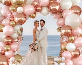 Rose Gold & Pink Balloon Garland Arch Kit: Double Stuffed Pearl White, Metallic Rose Gold, Pastel Pink for Showers/Wedding Deco