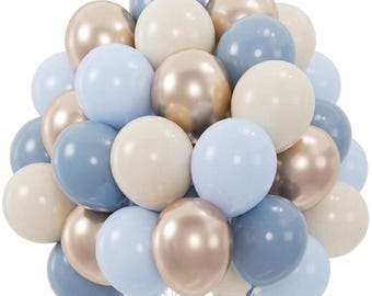 Juego de 100 globos azul empolvado con globos de confeti azul pizarra, blanco arena y dorado para decoración de baby shower, bodas y cumpleaños.