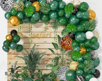 152PCS Jungle Safari Balloon Garland Kit with Gold & Dark Green Balloons and Palm Leaves for Wild One Party Decor