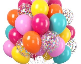 Juego de 60 globos arcoíris de 12 pulgadas, coloridos, amarillos, naranjas, rosas, turquesas y azules, con confeti, globos de helio para decoración de fiestas.