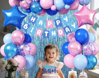 Kit de cumpleaños rosa, azul y morado: Globos metálicos, pancarta de feliz cumpleaños y cortinas de aluminio. Perfecto para fiestas infantiles y baby showers.