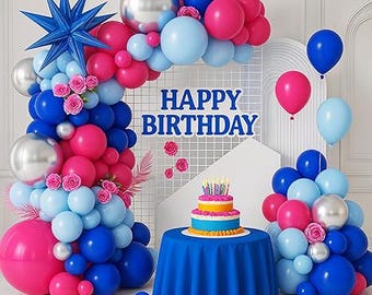 Royal Blue and Hot Pink Balloon Arch Kit, Star and 4D Silver Balloons