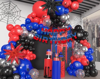 Kit de arco de globos de 162 piezas en negro, rojo y azul con temática de arañas, globos de estrellas y pancarta de feliz cumpleaños para la decoración de fiestas infantiles de niños.