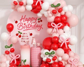 Kit de arco de globos de cereza de 138 piezas con globos largos blancos, rojos, rosas y verdes para decoraciones de fiesta de cumpleaños de baby shower de cereza.