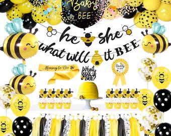 What Will It Bee Gender Reveal Party Supplies - Bumble Bee Baby Shower Decorations Include Banner, Tablecloth, Balloons Arch, Toppers, Sash,