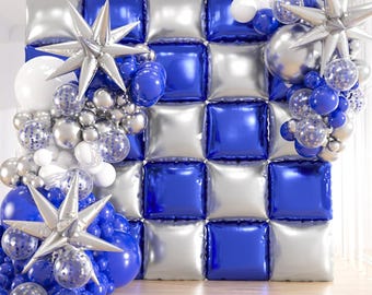 Kit de 174 globos azules y plateados con fondo de papel de aluminio cuadrado, arco y túnel de doble cara con estrellas para decoración de fiestas de graduación y Año Nuevo.