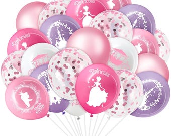 48 globos de princesa de látex de 30 cm con confeti rosa para cumpleaños de princesas, baby showers y decoración de bodas.