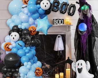 Kit de arco para baby shower Little Boo de 152 piezas: globos negros, azules y naranjas con láminas de fantasmas para decoración de fiesta con temática de Halloween.