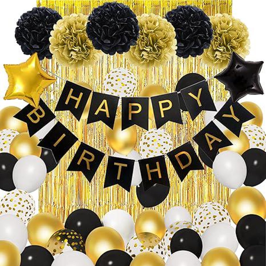 Black and Gold Birthday Decoration Kit: Balloons, Banner and Fringe ...