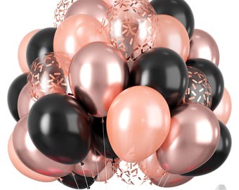 Rose Gold and Black Balloons Set 12 Inch Metallic Pearl Confetti Latex Balloons for Birthday, Wedding & Party Decorations