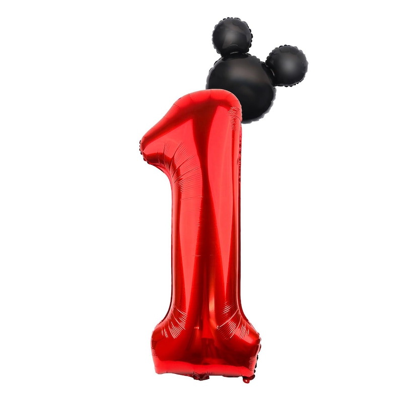 May include: A large, shiny red foil balloon shaped like the number one, featuring a black foil balloon attachment at the top that resembles the silhouette of a mouse head with two round ears, creating a combined character-themed balloon design.
