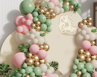 Kit de guirnalda de globos de 133 piezas en verde salvia y rosa con globos verde oliva, rosa rubor, blanco arena y dorado para decoración de fiestas.