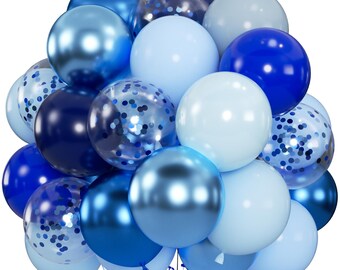 100 globos azules de 30 cm (12 pulgadas) en azul marino metálico y azul perla con confeti para decoración de fiestas de cumpleaños, baby showers y graduaciones.