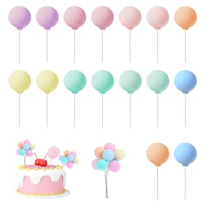 May include: A collection of pastel-colored spherical balloon cake toppers on thin silver wires, featuring individual balloons in shades of purple, pink, orange, yellow, and blue, alongside a decorated cake with balloon and cherry accents.