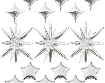 Juego de globos de estrella plateada, globos de estrella de aluminio de 22 pulgadas con globos de 4 puntas y pentagrama de 10 pulgadas para decoración de fiestas.