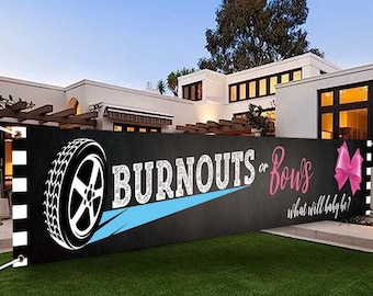 118 x 20 Inches Gender Reveal Banner Yard Sign – Pink Bow or Tyre Theme Polyester Party Decoration for Baby Shower (Indoor & Outdoor)