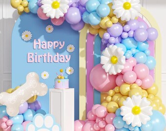161PCS Pastel Dog Paw Balloon Arch Kit, Daisy Dog Bone Birthday Decorations, Pink Blue Yellow Purple Party Supplies