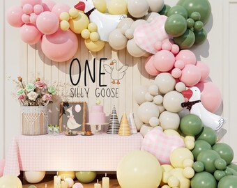 Arco de globos Pink One Silly Goose: ganso andante y láminas de cuadros vichy para decoración vintage de primer cumpleaños y baby shower para niñas y niños.