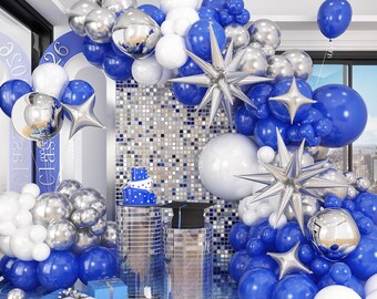 Kit de arco de globos azul, blanco y plateado con globos de aluminio plateados en forma de estrella 4D para la decoración de fiestas del Día del Padre, graduaciones, cumpleaños y baby showers.
