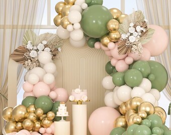 Kit de arco de globos de 163 piezas en verde salvia, dorado y rosa con globos verde oliva, rosa y blanco arena para decoración de fiestas de cumpleaños, bodas y baby showers.