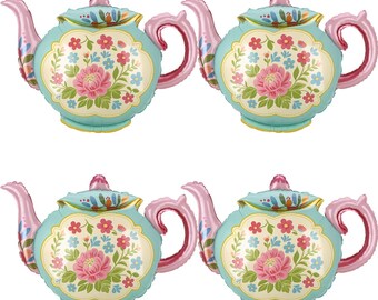 4PCS Tea Party Balloons 35 Inch Teapot Foil Balloons for Birthday, Baby Shower, Wedding, Bridal & Garden Party Decorations