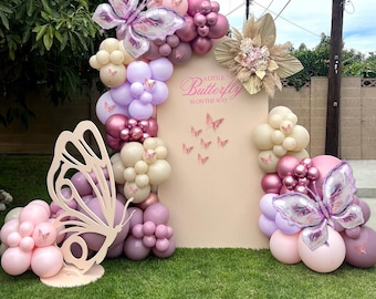Butterfly Balloon Arch Kit, 142 Pcs Pink & Purple Balloons with Foil Butterflies for Baby Shower, Birthday and Wedding Decorations