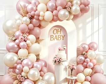 Dusty Pink Boho Balloon Garland Arch Kit, Double Stuffed Pearl White & Blush Pink Balloons for Birthday and Bridal Shower