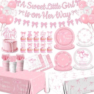 May include: A pink baby shower party supply set featuring a banner with the text A Sweet Little Girl is on Her Way, pink balloons, a cake topper, cupcake toppers, paper plates with bow designs, napkins, paper cups, and two tablecloths.