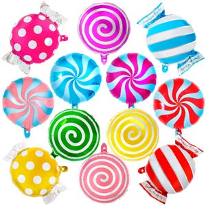 May include: A collection of twelve round and wrapped candy-shaped foil balloons in various colors including pink, blue, green, yellow, and red. The designs feature polka dots, spiral swirls, and horizontal stripes, with some labeled Premium Candy.