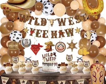 120PCS Western Cowboy Party Decorations with Banners, Swirls, Boot & Hat Balloons for Birthday and Baby Shower Decor