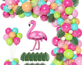 124PCS Tropical Balloon Arch Garland Kit with Green, Hot Pink & Rose Gold Confetti Balloons for Hawaiian Party Decor