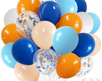 Blue & Orange Latex Balloons – 60 Pcs 12 Inch Navy, Light Blue, White and Pastel Orange Confetti Party Decorations for Wedding and Birthday