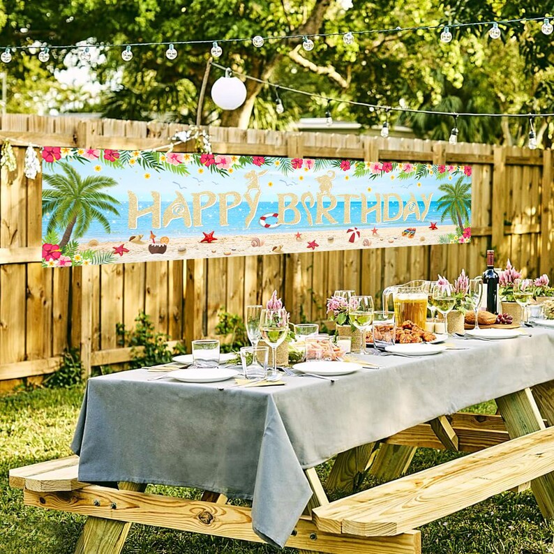 May include: A rectangular horizontal banner featuring a tropical beach scene with palm trees, hibiscus flowers, and the text "HAPPY BIRTHDAY" in large gold letters. The design includes illustrations of starfish, seashells, and a life preserver.