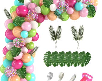 Kit de guirnalda de arco de globos tropicales de 151 piezas con globos verdes, fucsia y de confeti, y decoraciones para fiestas con hojas de palma.