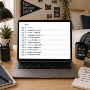 May include: A laptop screen displaying a file directory with twelve folders labeled 01 through 12, including Courses, Research & Writing, Exams & Test Prep, Schedule & Deadlines, Clubs & Activities, Internship & Career, Financial & Admin, Housing & Dorm Life.