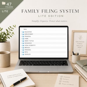 May include: A laptop screen displaying a digital family filing system with folders labeled Education, Employment, Financial, Home, Inbox-To File, Insurance, Legal & Identity, Medical, Personal, Pets, and Vehicles, with text reading Family Filing System.