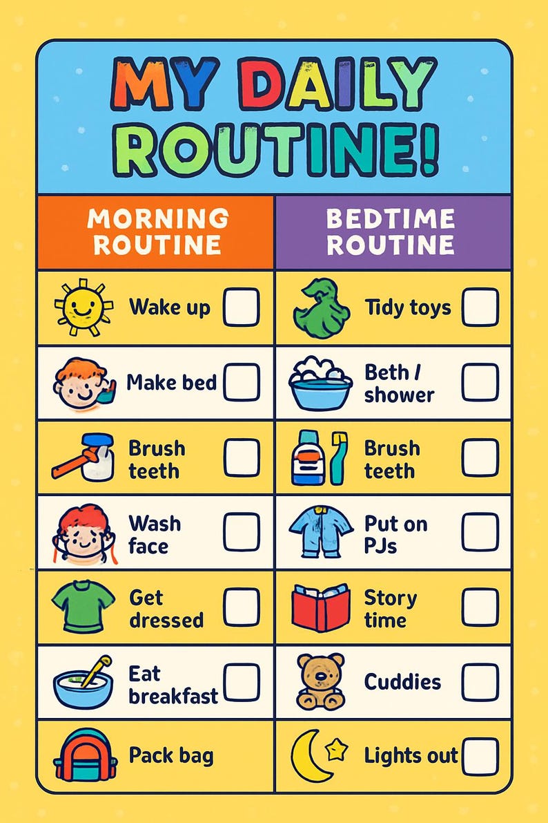 Printable Kids Daily Routine Chart – Morning & Bedtime Checklist for ...
