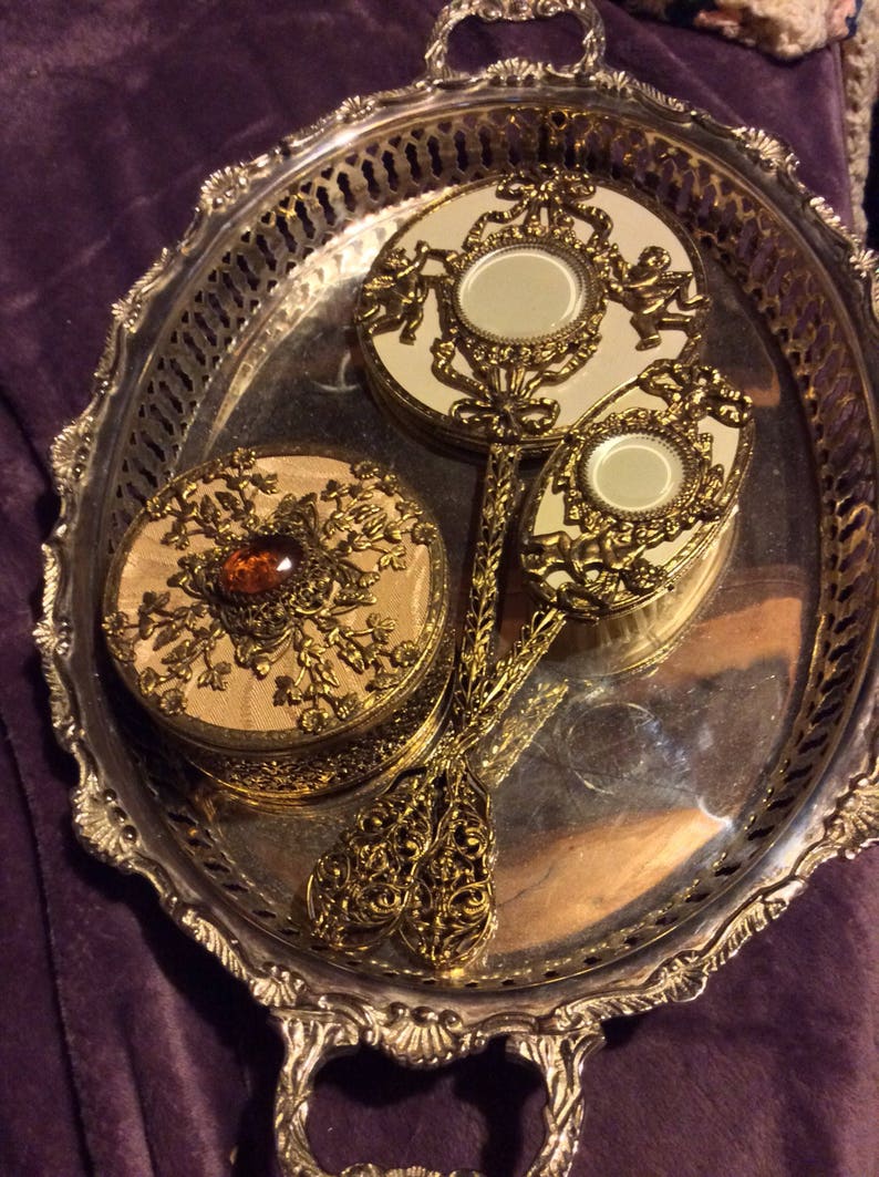 Antique Mirrored Tray Dresser Set Vanity Set Brush Comb Etsy