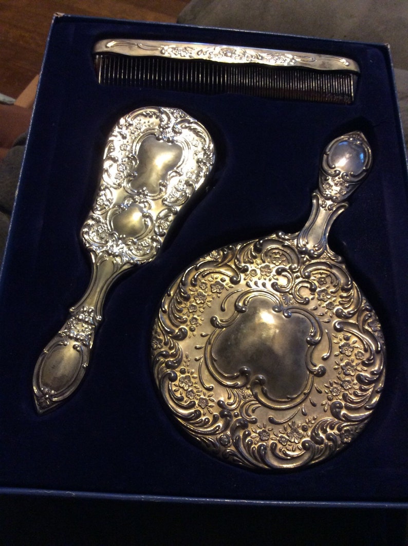 Boxed Set Mirror Brush And Comb Silver Plated Dresser Set 3 Etsy