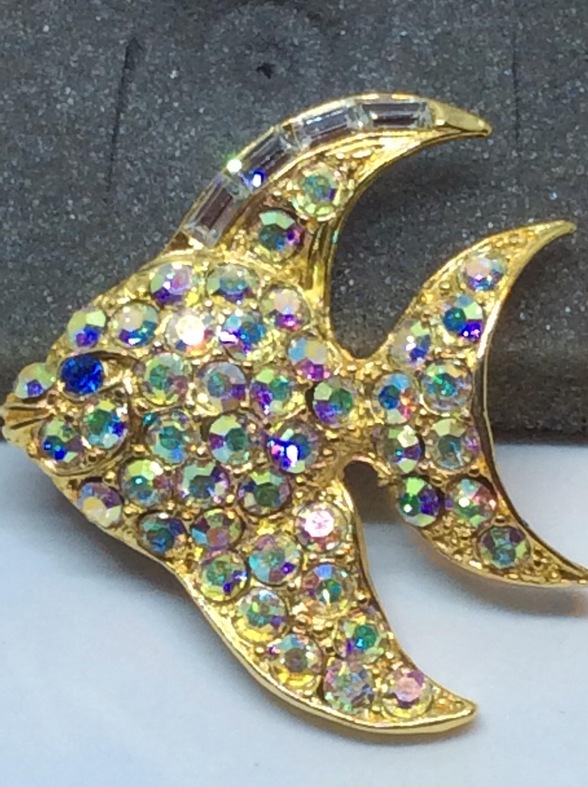 Vintage Rhinestone gold tone large fish brooch with colored Etsy